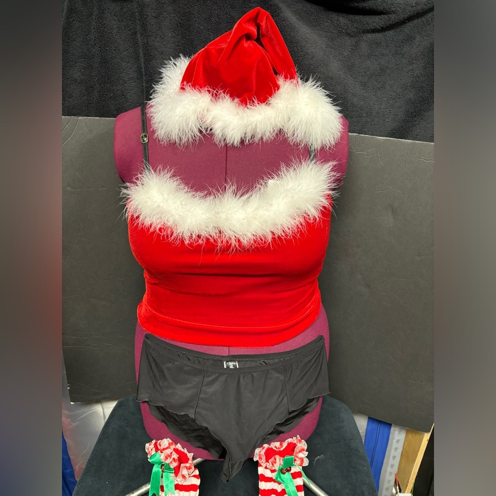 Naughty Mrs. Claus Lingerie Set Size L/XL EUC Faux Feathers and Red Velveteen